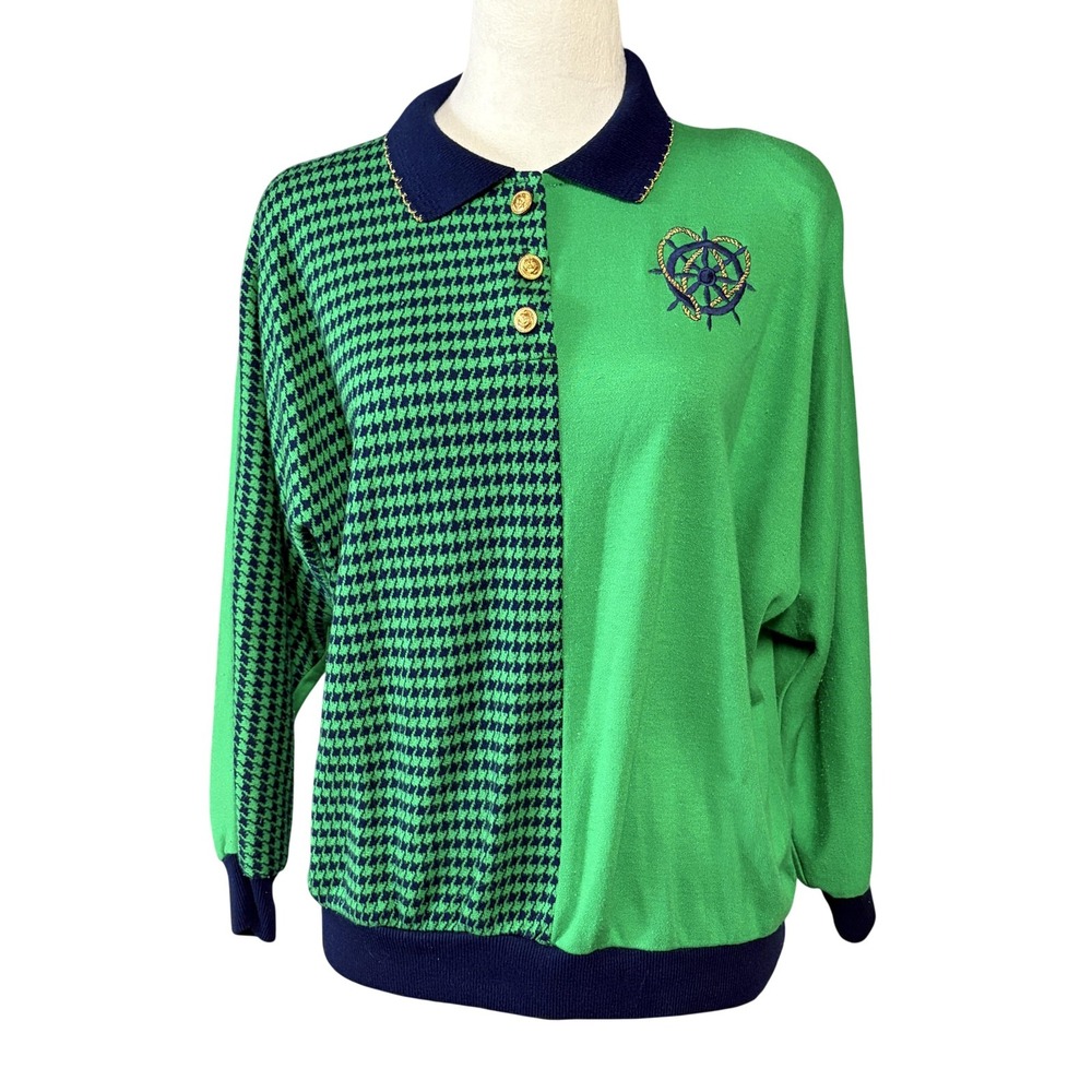 Vintage Cricket Lane Sweater Womens Large Green Nautical Anchor‎ Dolman 80s